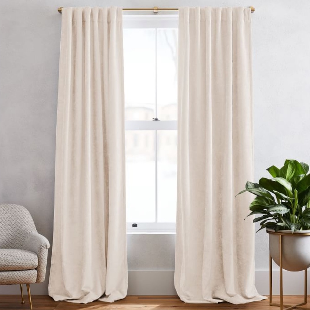 SOLD Brand New West Elm Worn Velvet Curtains in Alabaster 2x Panels, 48x108”